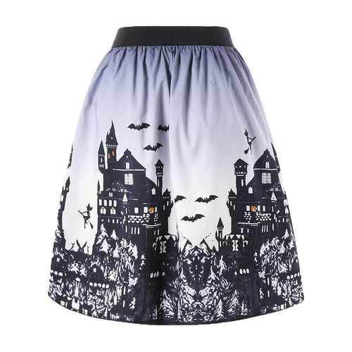 Women's Sexy Halloween Day Ombre Castle Printed Swing Performance A-Line Skirt